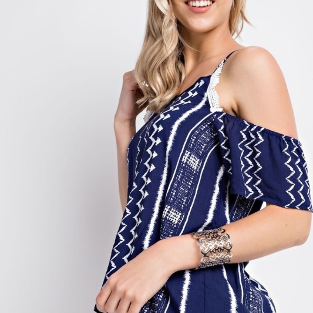 Aztec Blue Cold Shoulder Lace Trim Top